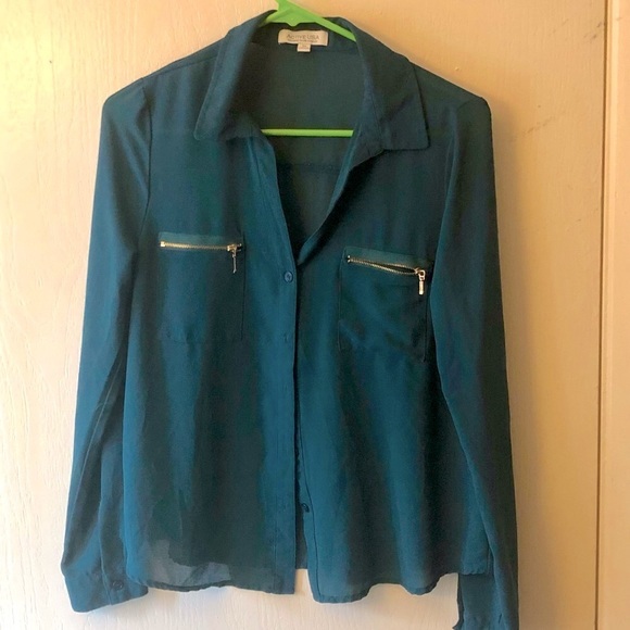Gorgeous sheer teal shirt with zipper pockets - Picture 1 of 6